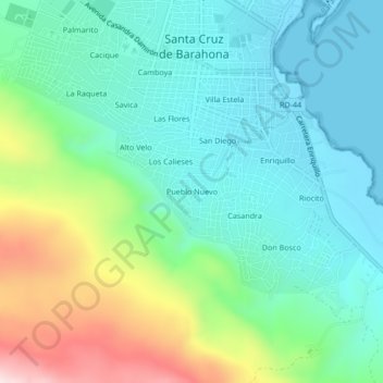 Carte topographique Pueblo Nuevo, altitude, relief