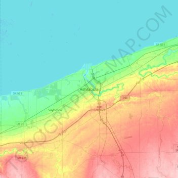 Carte topographique Ashtabula, altitude, relief