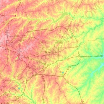 Carte topographique Greensboro, altitude, relief
