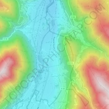 Carte topographique Bazus-Aure, altitude, relief