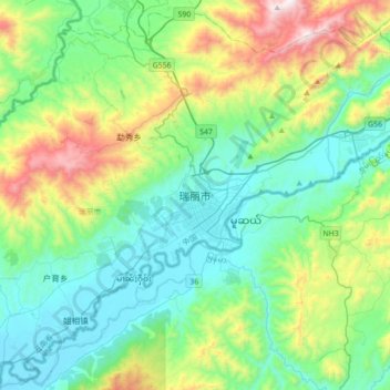 Carte topographique Ruili, altitude, relief