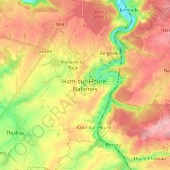Carte topographique Ham-sur-Heure-Nalinnes, altitude, relief