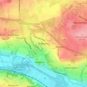 Carte topographique Walbottle, altitude, relief