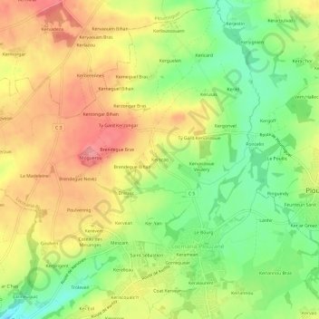 Carte topographique Kerscao, altitude, relief