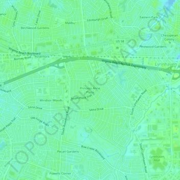 Carte topographique Princess Anne Plaza, altitude, relief