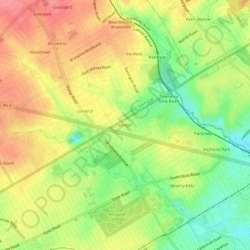 Carte topographique Kirklyn, altitude, relief