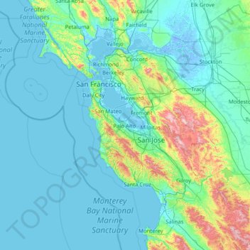 Carte topographique Silicon Valley, altitude, relief