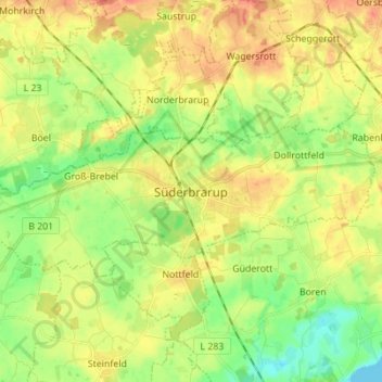 Carte topographique Süderbrarup, altitude, relief