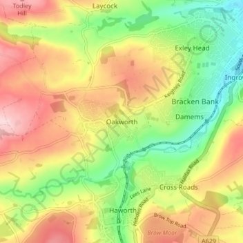 Carte topographique Oakworth, altitude, relief
