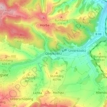 Carte topographique Oberköditz, altitude, relief