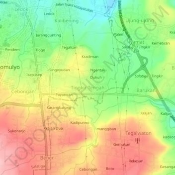 Carte topographique Tingkir Tengah, altitude, relief