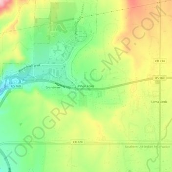 Carte topographique Piñon Acres, altitude, relief