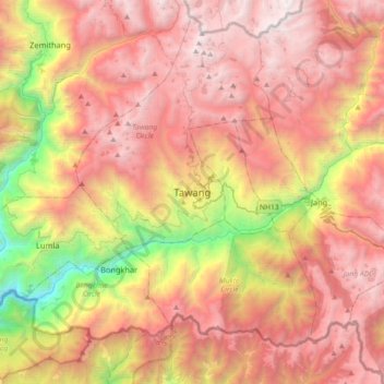 Carte topographique Tawang, altitude, relief