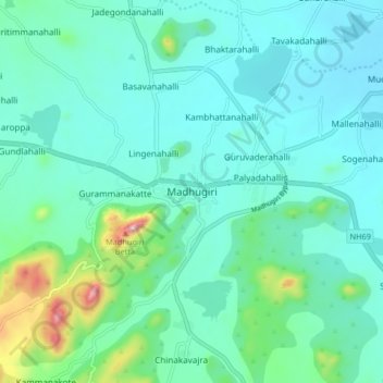 Carte topographique Madhugiri, altitude, relief