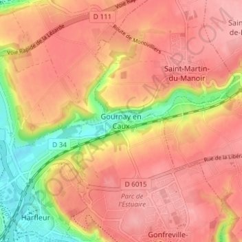 Carte topographique Gournay en Caux, altitude, relief