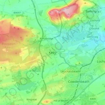 Carte topographique Kelty, altitude, relief