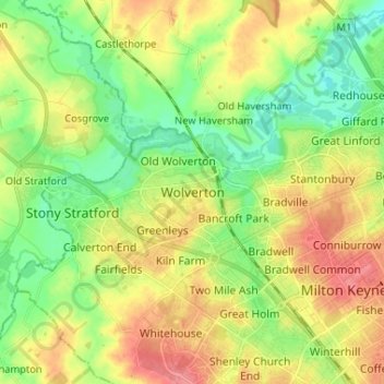 Carte topographique Wolverton, altitude, relief