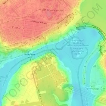 Carte topographique View on Dnipro Hydroelectric Power Plant, altitude, relief