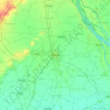 Carte topographique Tenali, altitude, relief