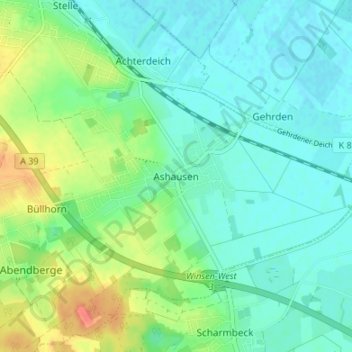 Carte topographique Ashausen, altitude, relief