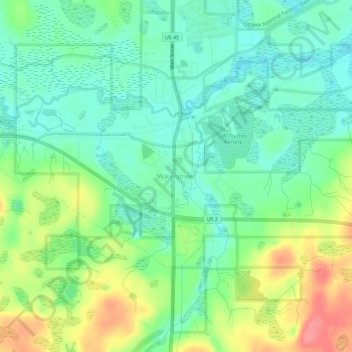 Carte topographique Watersmeet, altitude, relief