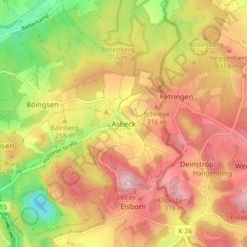 Carte topographique Asbeck, altitude, relief