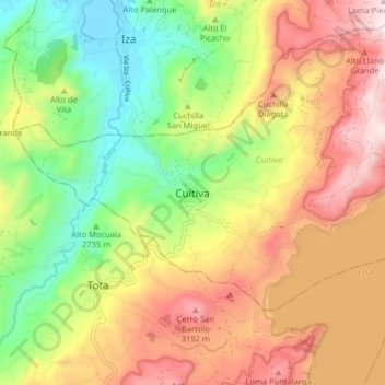 Carte topographique Cuítiva, altitude, relief
