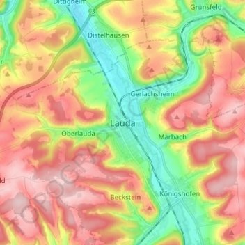 Carte topographique Lauda, altitude, relief