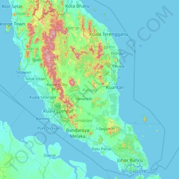 Carte topographique Pahang, altitude, relief