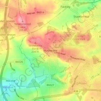 Carte topographique Huthwaite, altitude, relief
