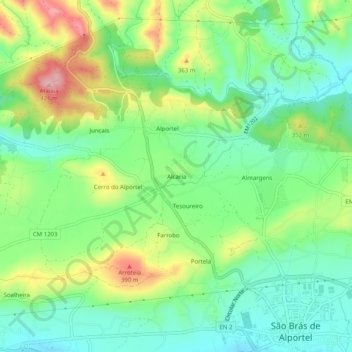 Carte topographique Alcaria, altitude, relief