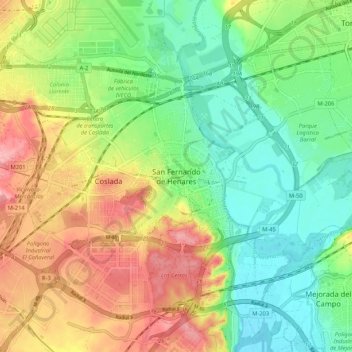 Carte topographique San Fernando de Henares, altitude, relief