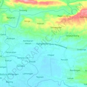 Carte topographique Kaligondang, altitude, relief