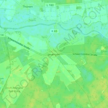 Carte topographique Jeversen, altitude, relief
