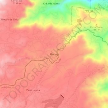 Carte topographique Honey, altitude, relief