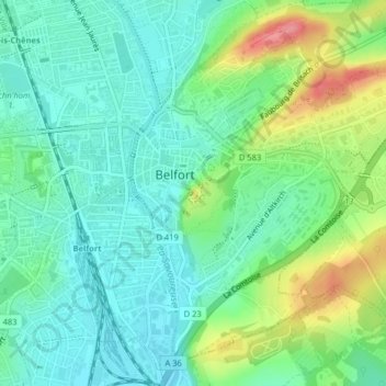 Carte topographique Citadelle de Belfort, altitude, relief