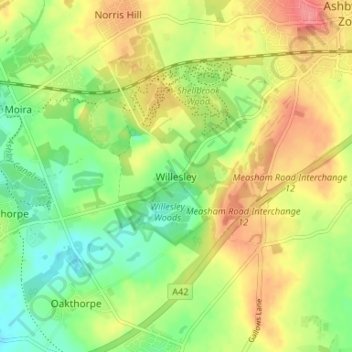 Carte topographique Willesley, altitude, relief