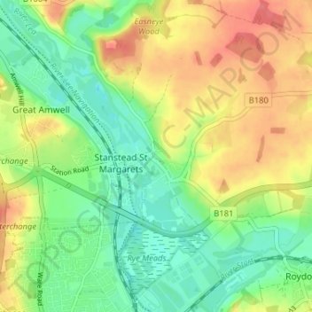 Carte topographique Stanstead Abbotts, altitude, relief