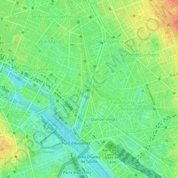 Carte topographique Le Génie de la Liberté, altitude, relief