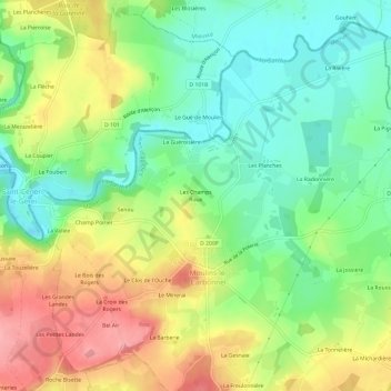 Carte topographique Les Champs Roux, altitude, relief