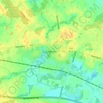 Carte topographique Ullerslev, altitude, relief
