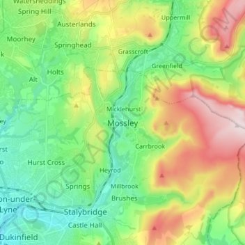 Carte topographique Mossley, altitude, relief