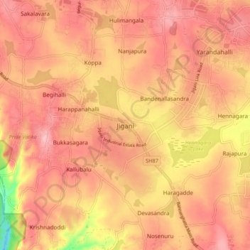 Carte topographique Jigani, altitude, relief
