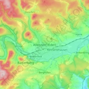 Carte topographique Allendorf (Eder), altitude, relief