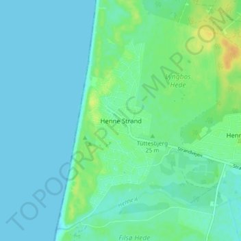 Carte topographique Henne Strand, altitude, relief