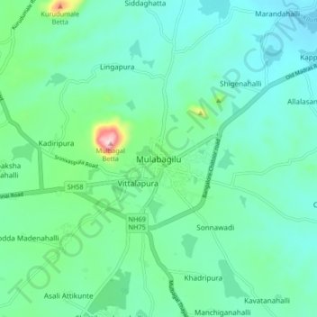 Carte topographique Mulabagilu, altitude, relief