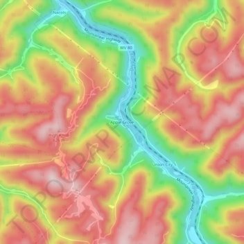 Carte topographique Apple Grove, altitude, relief