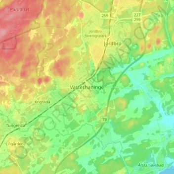 Carte topographique Västerhaninge, altitude, relief