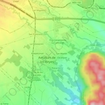 Carte topographique Ameyalco, altitude, relief