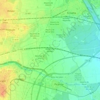 Carte topographique Alquería del Pollastre, altitude, relief